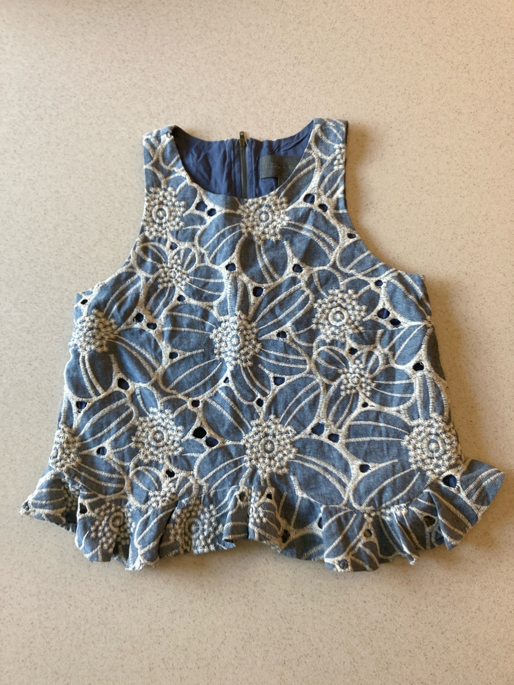 Sunday in Brooklyn Blue and White Floral Eyelet Ruffle Tank